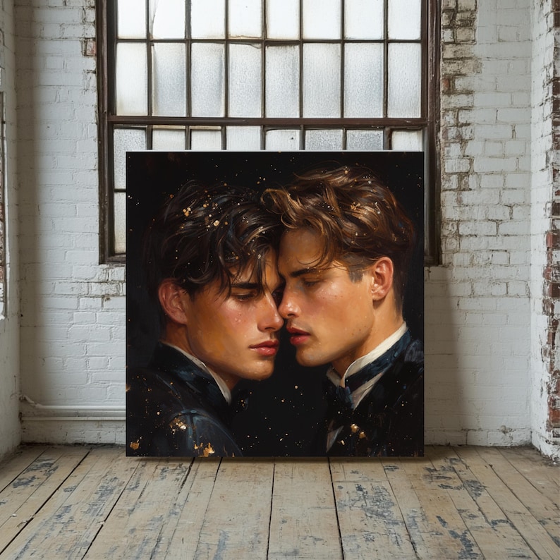 May include: A square wall art print featuring a portrait of two individuals with brown hair facing each other closely. They are wearing dark, formal attire with subtle gold flecks against a dark background, displayed in a bright room.