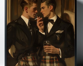 Gay Scots Highlanders Art Print - &quot;Something Wicked&quot; Square Canvas Print - Vintage 1940s High Society Aesthetic - Mid-Century Portraiture