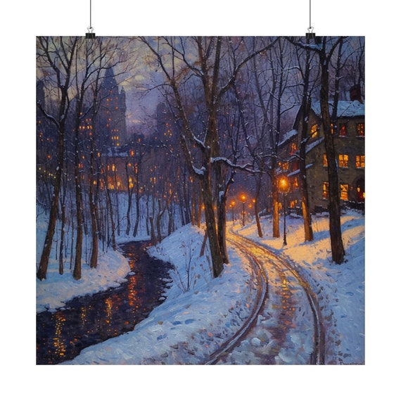 Toronto Twilight Art Print - Impressionist Lamplight on Snow Matte