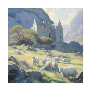 Scottish Highlands Art Print - Sheep on a Hillside - Celtic Themed Art Print - Scotland Square Canvas Gallery Wraps