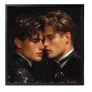 May include: A square framed wall art print featuring a portrait of two individuals with brown hair, positioned close together against a dark background. Both figures wear dark formal jackets with white collars, accented by scattered gold flecks.