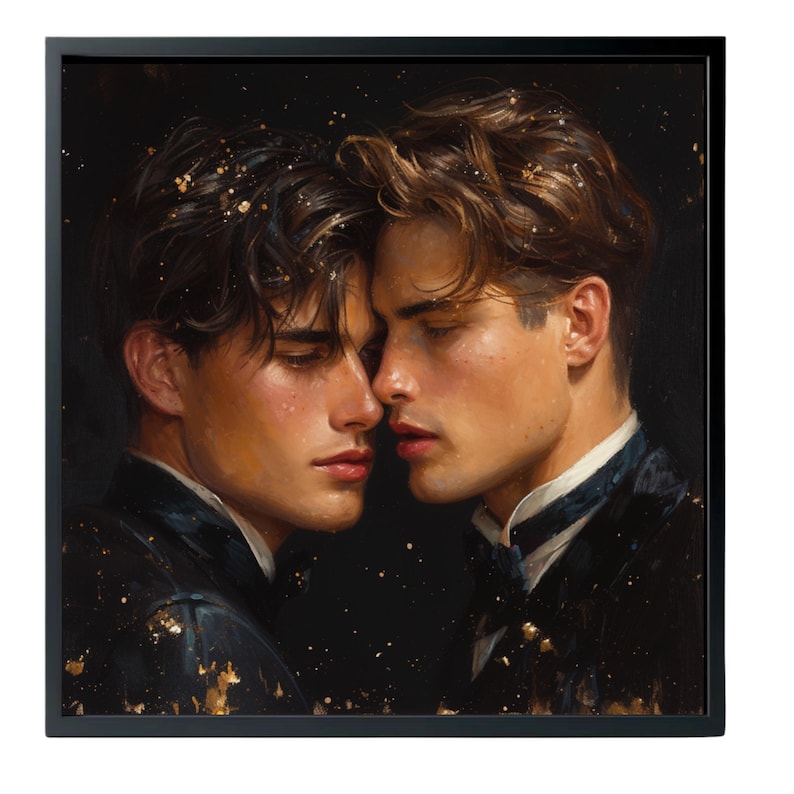 May include: A square framed wall art print featuring a portrait of two individuals with brown hair, positioned close together against a dark background. Both figures wear dark formal jackets with white collars, accented by scattered gold flecks.