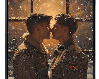 May include: A framed art print depicts two men in winter coats, facing each other in a tender moment. The background shows a window with falling snow and twinkling lights, creating a romantic, seasonal scene. The artwork is set against a dark frame.