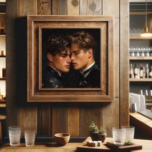 May include: A square wooden picture frame containing a portrait of two individuals with dark hair facing each other closely. The frame has a textured, natural wood grain finish and is mounted on a vertical wooden plank wall in a dimly lit room.