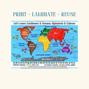 Lernen Sie Kontinente und Ozeane; Alphabete und Farben – druckbare Ressource für Vorschule, Kindergarten, Montessori und Homeschool