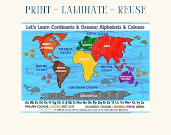 World Map Printable – Continents, Oceans, Alphabets & Colors (Digital Download)