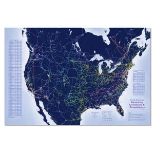 May include: A detailed map of North America, highlighting electricity generation and transmission lines. The map features a dark blue background with colorful lines representing the electrical grid. Text on the map includes the title and a list of locations.