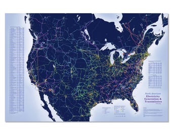 North American Electricity Generation & Transmission wall map print:  transmission lines and power plants by energy source