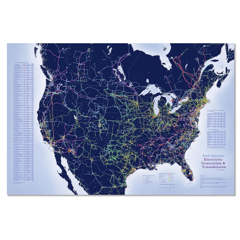 May include: A detailed map of North America, highlighting electricity generation and transmission lines. The map features a dark blue background with colorful lines representing the electrical grid. Text on the map includes the title and a list of locations.