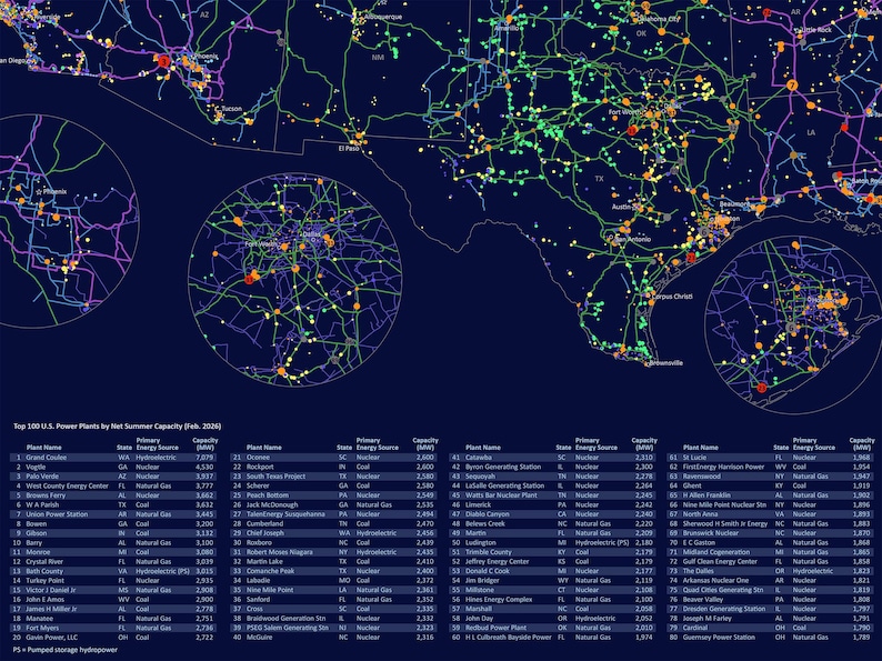U.S. Electricity Generation & Transmission Wall Map: Transmission Lines ...