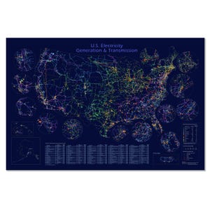 U.S. Electricity Generation & Transmission wall map:  transmission lines and power plants by energy source