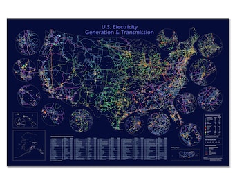U.S. Electricity Generation & Transmission wall map:  transmission lines and power plants by energy source
