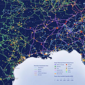 May include: A detailed map of the United States depicting electricity transmission lines and power plants. Lines are color-coded by voltage, with a legend indicating power plant types like solar, nuclear, and wind. The map includes a scale for power plant installed capacities.
