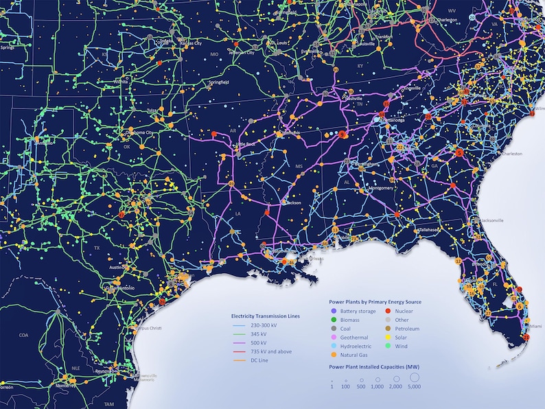 May include: A detailed map of the United States depicting electricity transmission lines and power plants. Lines are color-coded by voltage, with a legend indicating power plant types like solar, nuclear, and wind. The map includes a scale for power plant installed capacities.