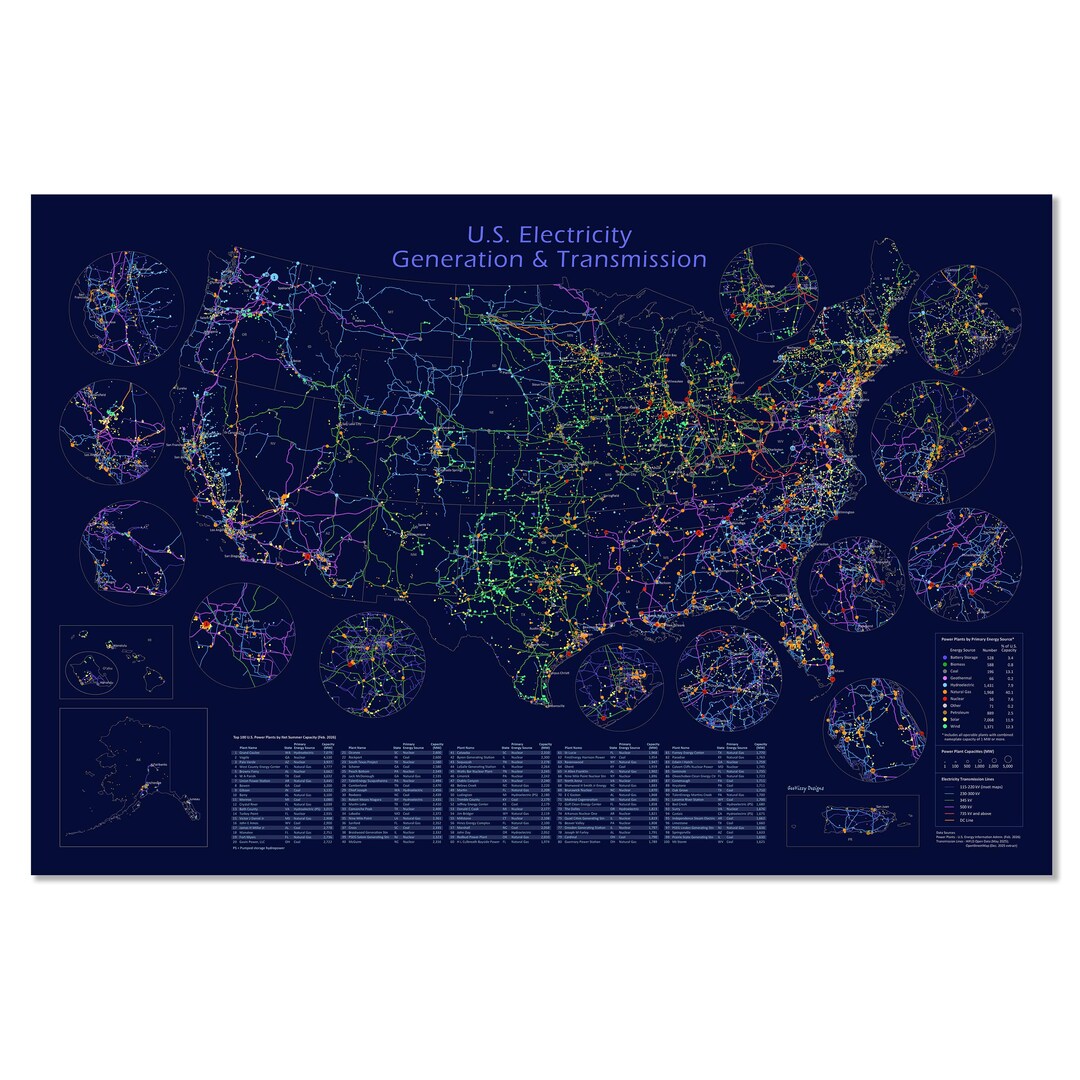 U.S. Electricity Generation & Transmission Wall Map: Transmission Lines ...