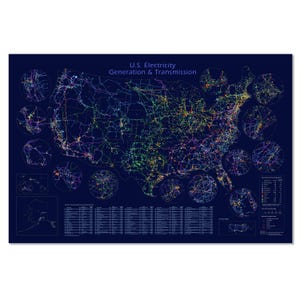 May include: A navy blue map of the United States showing electricity generation and transmission. The map features colorful lines and circular insets highlighting regional details. Text at the top reads "U.S. Electricity Generation & Transmission."