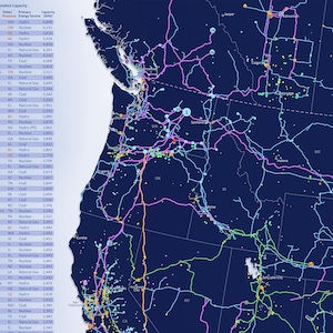 May include: A detailed map of the Western United States, highlighting power plant locations and energy infrastructure. The map uses a dark blue background with colorful lines representing power transmission networks. A table lists top power plants.