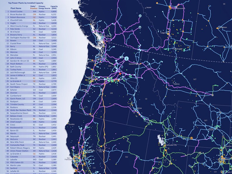 May include: A detailed map of the Western United States, highlighting power plant locations and energy infrastructure. The map uses a dark blue background with colorful lines representing power transmission networks. A table lists top power plants.
