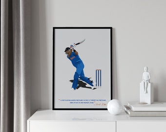 May include: A digital illustration of a cricket player in a blue uniform, swinging a bat. The player is wearing a helmet and is in a batting stance. The quote "I love playing under pressure, in fact, if there's no pressure, then I'm not in the perfect zone." - Virat Kohli is printed below the illustration.