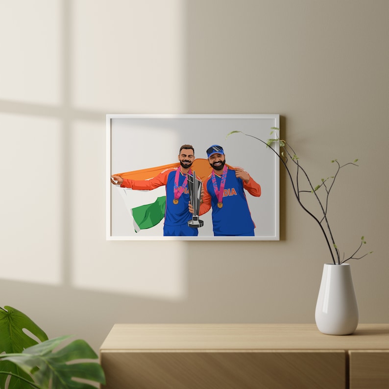 K&ouml;nnte beinhalten: Zwei M&auml;nner in blauen und orangen Sportuniformen halten eine Troph&auml;e und eine indische Flagge. Beide tragen Medaillen um den Hals. Der Mann links h&auml;lt die Troph&auml;e und der Mann rechts h&auml;lt die Flagge.