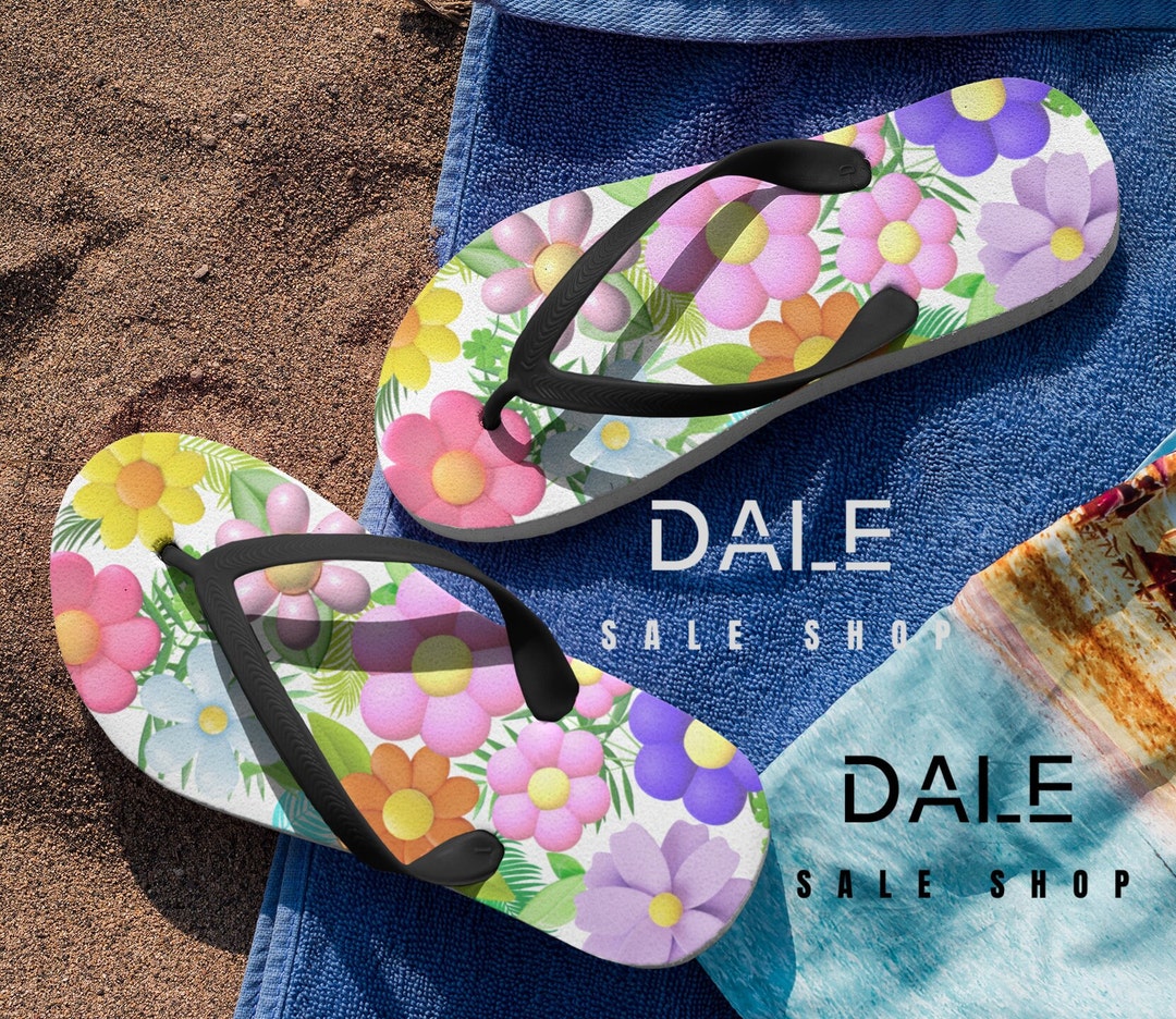 Doodle Flip Flop Shoes In Outline With Flower Pattern. Pair Of Slippers
