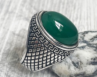 Turkish handmade, Men ring, green agate stone, Gift for him, Ottoman ring mens, vintage jewelry, 925k sterling silver men ring