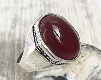 Turkish handmade, Men ring, red agate stone, Gift for him, Ottoman ring mens, vintage jewelry, 925k sterling silver men ring