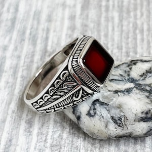 Turkish handmade, Men ring, red agate stone, Gift for him, Ottoman ring mens, vintage jewelry, 925k sterling silver men ring