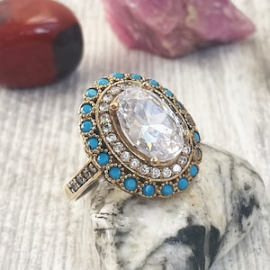 Turkish handmade, Women ring, Topaz cz stone, Turquoise, Gift for Her, Ottoman ring, Vintage jewelry, 925k sterling silver, Ladies ring