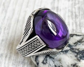 Turkish handmade, Men ring, amethyst stone, Gift for him, Ottoman ring mens, vintage jewelry, 925k sterling silver men ring