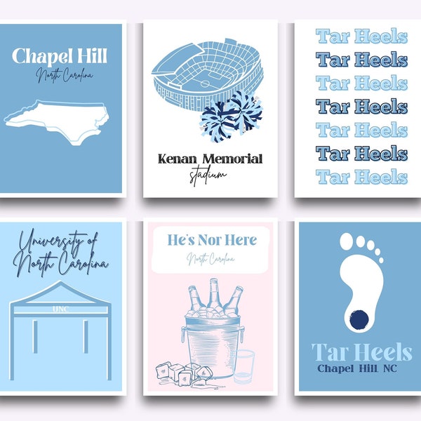 UNC Chapel Hill Digital Prints - SET of 6 Cute, Preppy Designs for Wall Art