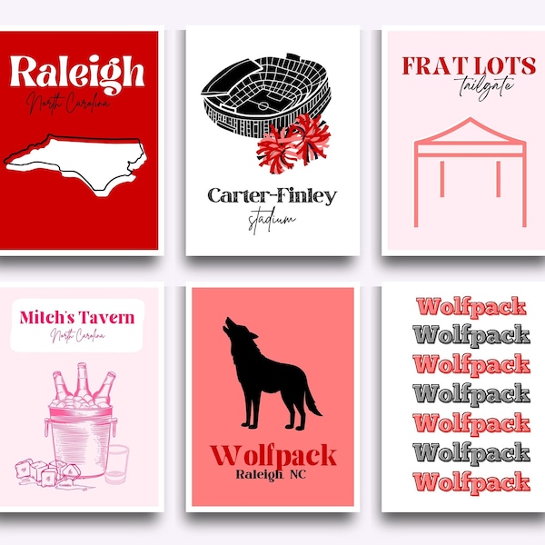 NC State Digital Prints - SET of 6, Cute Preppy Designs for College Wall Art
