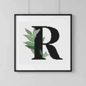 Padrão de ponto cruz da letra R botânica em PDF - Design de bordado de monograma floral minimalista