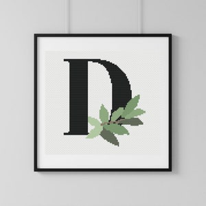 Patrón de punto de cruz con la letra D botánica en formato PDF: diseño de bordado con monograma floral minimalista