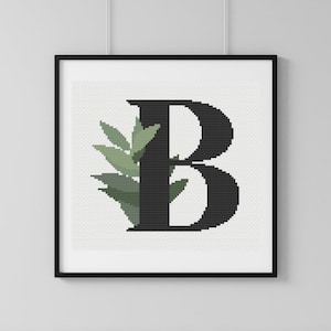 Patrón de punto de cruz con la letra B botánica en formato PDF: diseño de bordado con monograma floral minimalista