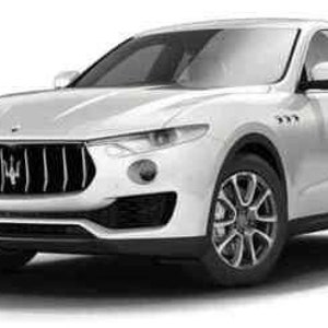 Può includere: Un SUV Maserati Levante bianco con dettagli neri. L'auto ha una griglia nera con un logo a tridente e ruote nere.