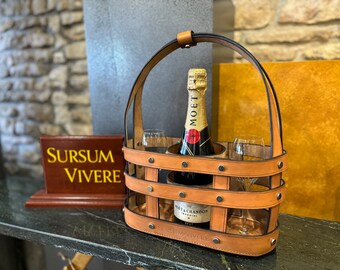 Einzigartiges Design - Echtes Leder Komplett handgefertigte Champagner Tragetasche für 3 Flaschen - Ein besonderes Geschenk für einen Champagner-Liebhaber