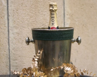 Antique rigid-handled wine or champagne cooler ice bucket with green leather band decoration from the 1940s - Vintage French barware