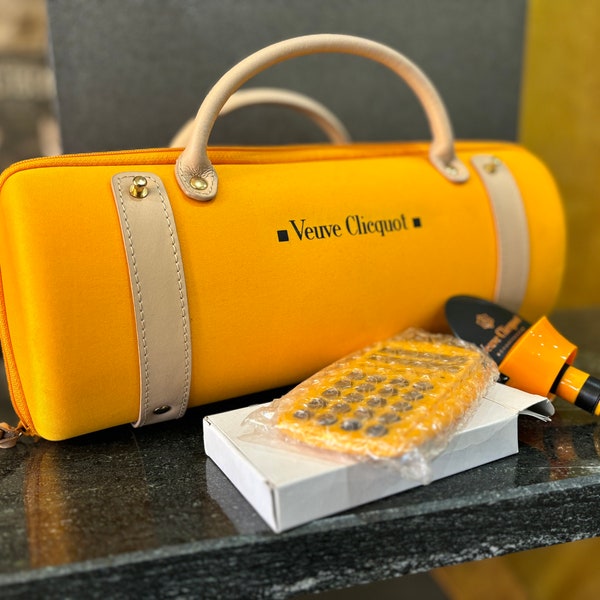 3 Veuve Clicquot Ponsardin Gift Set - City Traveller Bag + VCP bottle stopper + VCP pocket calculator - Made in France Champagne Present