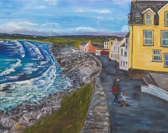 Lámina artística de paisaje marino de Lahinch – Decoración de pared de la costa irlandesa del condado de Clare (10x12 pulgadas, montada)