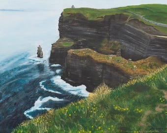 Lámina artística de los Acantilados de Moher – Paisaje de la Torre de O'Brien, Irlanda (10x12 pulgadas, montada)