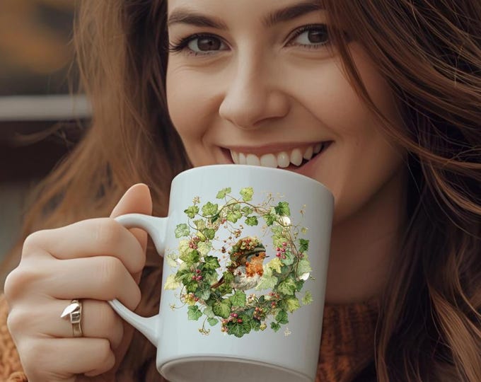 Whimsical Robin Bird Mug, Cottagecore Bird Mug, Cozy Nature Coffee Cup, Woodland Aesthetic Cup, Floral Gift, Bird Lovers Gift, Rustic Decor