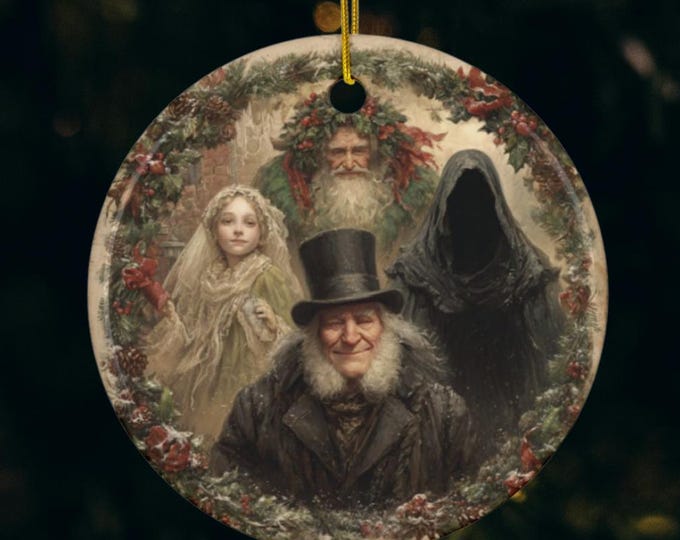 A Christmas Carol Ornament, Scrooge and The Three Spirits, Victorian Christmas Decor, Dickens Holiday Keepsake