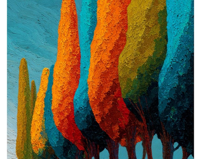 Vibrant Sentinel Trees, Modern Abstract Landscape Wall Art, Impressionist Tree Painting