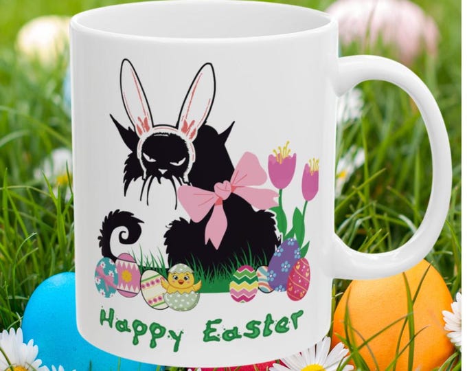Funny Black Cat Easter Mug - Large 15oz Deluxe Ceramic Coffee Cup - BunnyCat Gift for Cat Lovers