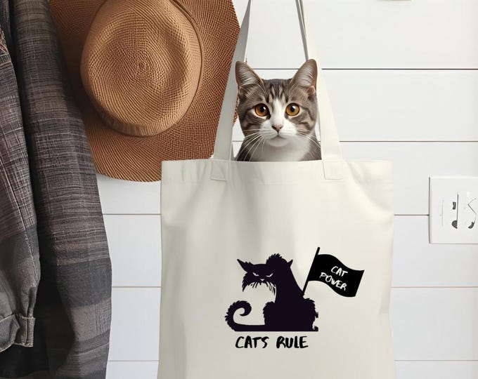Cat Power Tote Bag, Funny Cats Rule Tote for Cat Lovers, Cat Mom Gift, BadCat Humor Bag, EcoFriendly Reusable Shopping Tote, Funny Cat