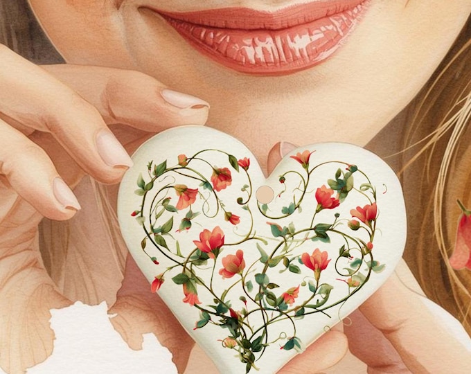 Floral Heart Ornament, Cottagecore Botanical Heart Gift, Decor for Valentines Day, Double Sided