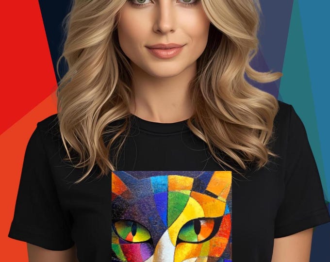 Modern Art Cat T-Shirt: Colorful Geometric Design