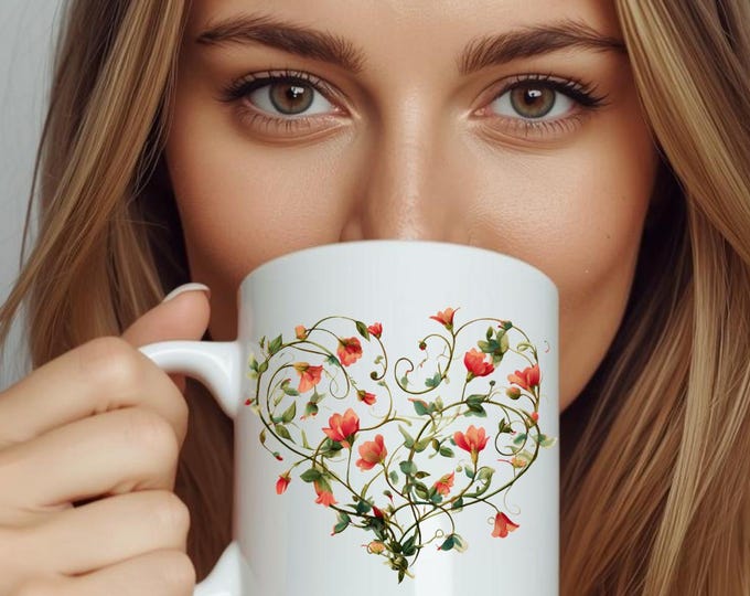Floral Heart Mug, Romantic Botanical Coffee Cup, Valentines Day Gift, Cottagecore Floral Mug
