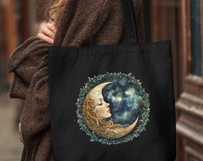 Moon Maiden Tote Bag,Mystical Moon Goddess Bag,WitchyReusable Market Bag,Cottagecore Carryall,Celestial Tote Bag,Eco-Friendly Shopping Bag,